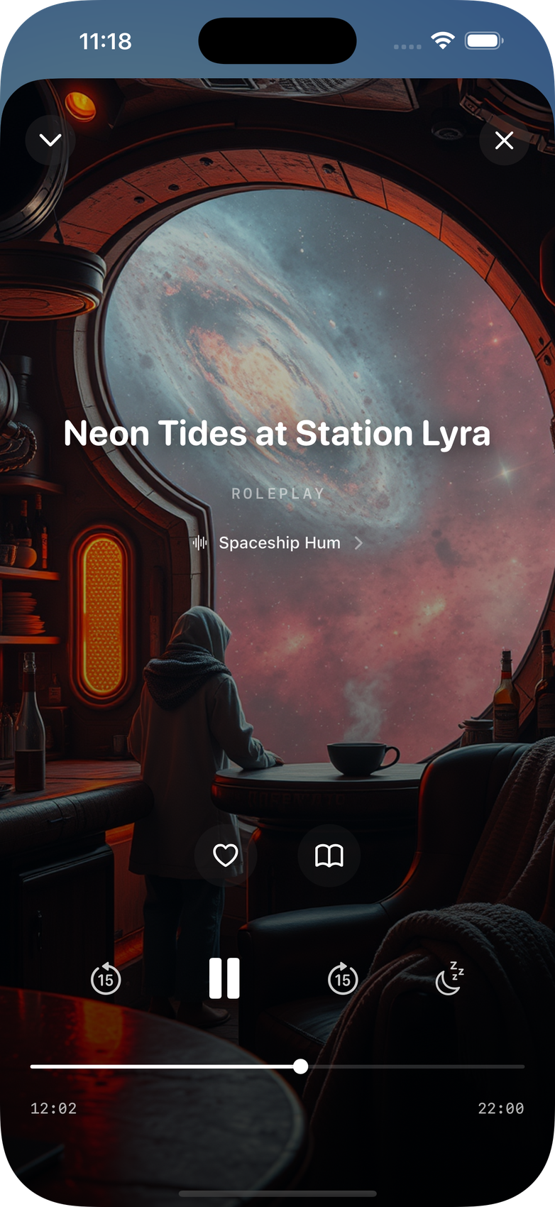 DreamWhisper story player showing Neon Tides at Station Lyra with a cinematic galaxy scene